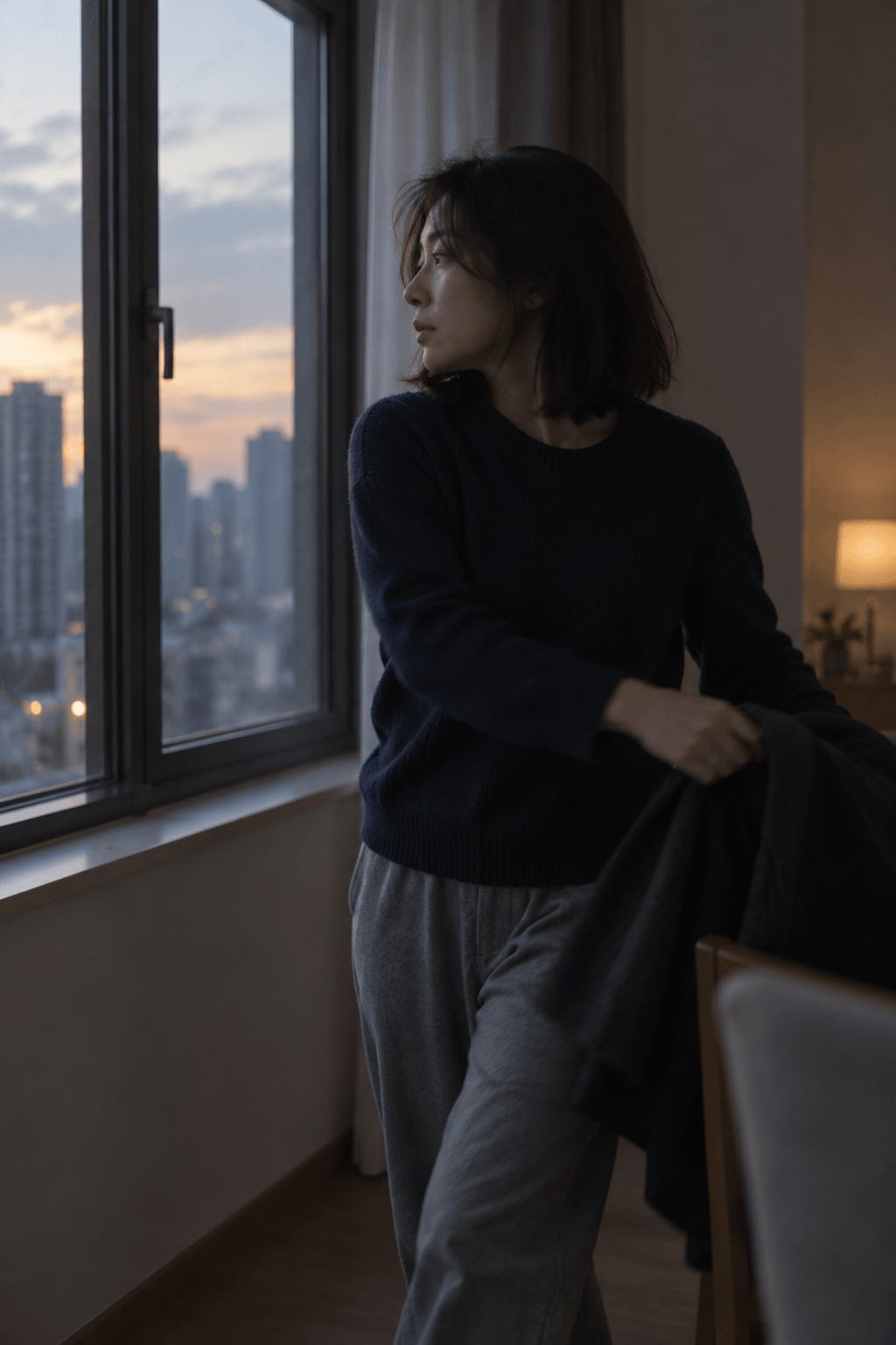 一位年轻女性刚把外套搭到椅背上，转头看向窗外的傍晚城市；AI 生成生活情境配图。