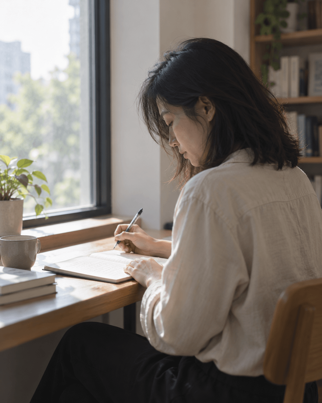年轻女性在窗边桌前写下想法，笔停在纸面上方；AI 生成生活情境配图。