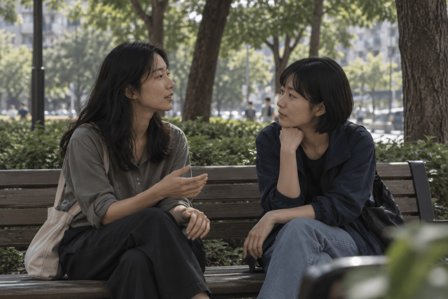 两位女性坐在公园长椅上交谈，一人用手表达，另一人专注回应；AI 生成生活情境配图。